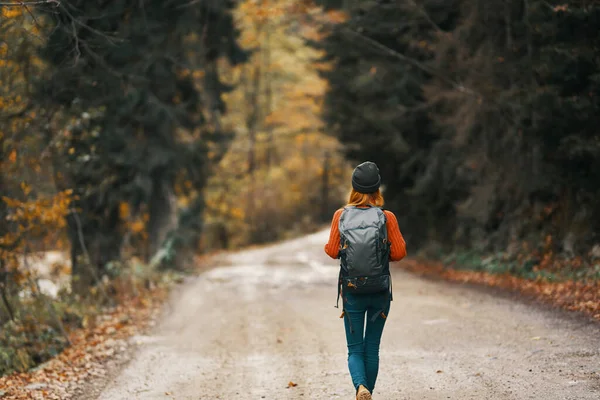 Donna con zaino sulla strada nella foresta in autunno paesaggio alto alberi modello — Foto Stock