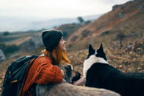 Весела жінка ходить грати з собакою природа пейзажні гори дружба — стокове фото