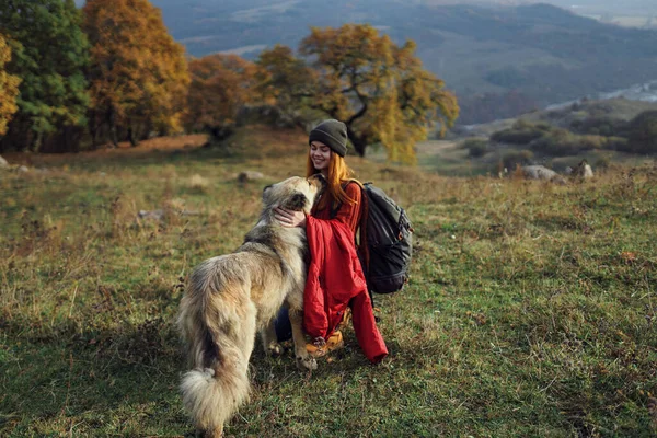 Alegre mujer jugando con perro al aire libre montañas viaje vacaciones —  Fotos de Stock