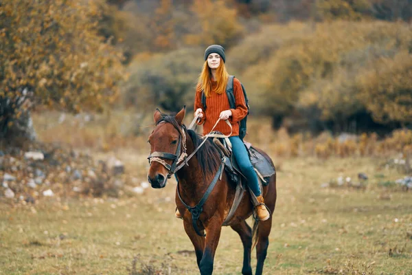 Kadın yürüyüşçü bir ata biner, dağlarda doğa manzarasında. Telifsiz Stok Imajlar