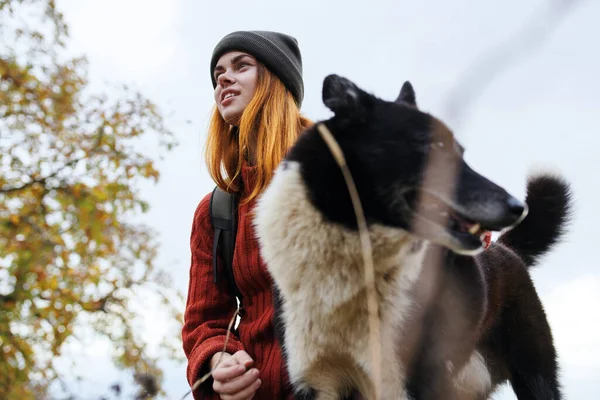 Wanderin in der Natur mit Hund Ruhe Spaß Freundschaft — Stockfoto