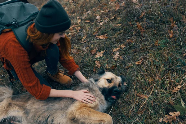 Tourist mit Rucksack in der Natur neben dem Hund beim Spielen — Stockfoto