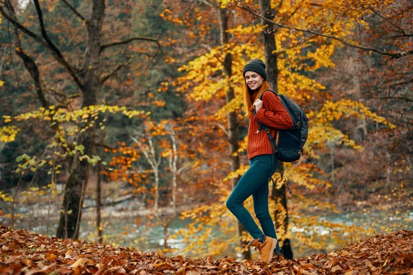 Cestovatel kráčí v přírodě v parku a vysoké stromy žluté listí řeka v pozadí krajiny — Stock fotografie
