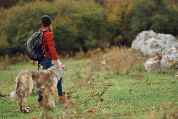 Mujer turista con perro paseando en la naturaleza viaje pase libertad de aventura —  Fotos de Stock