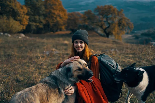 Vrolijk vrouw spelen met hond buiten bergen reizen vakantie — Stockfoto