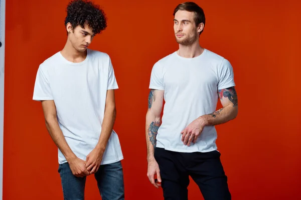Due uomo in bianco t-shirt comunicazione amicizia rosso sfondo — Foto Stock