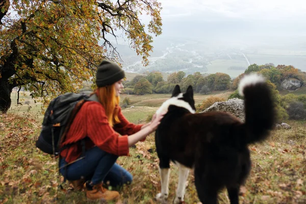 Жінка пішки на природі поруч з собакою пейзаж подорожі в осінній ліс — стокове фото
