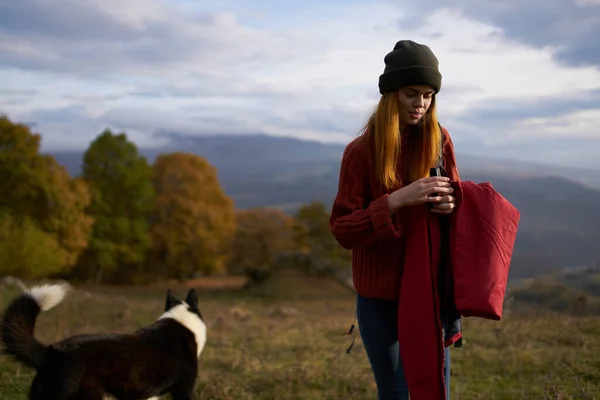 Mujeres caminando junto al perro en la naturaleza paisaje montañas viaje —  Fotos de Stock