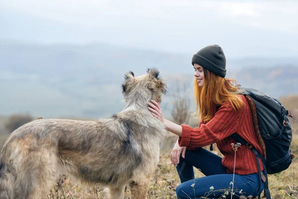 Жінка пішки біля собаки гори подорожують відпусткою — стокове фото