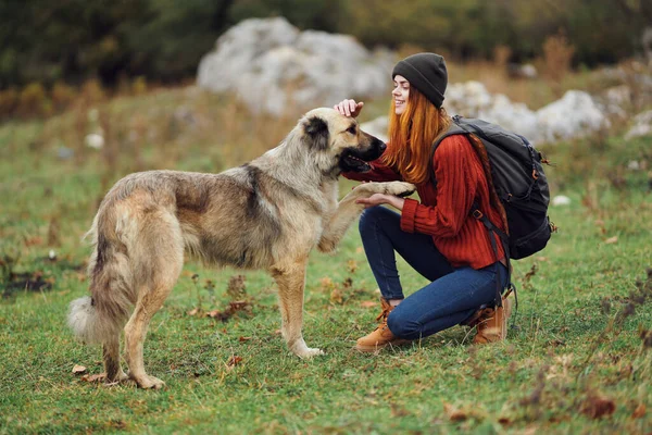 Mulher caminhante mochila viagem amizade andando o cão divertido montanhas — Fotografia de Stock