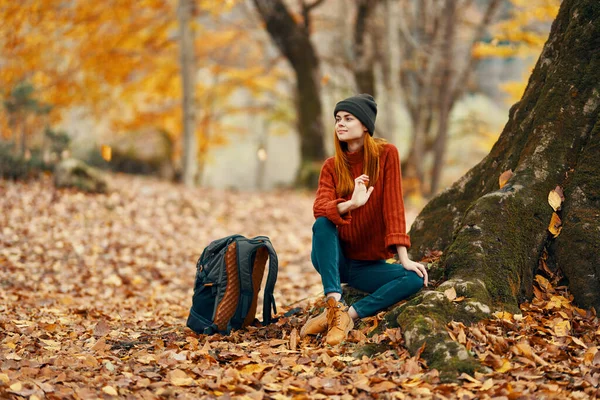 Vrouw in de buurt van boom en rugzak voor reizen gevallen bladeren herfst bos — Stockfoto