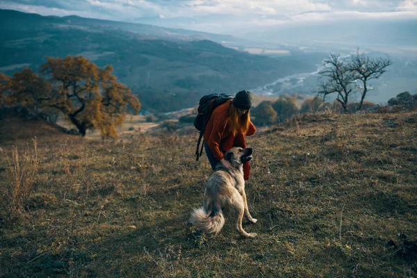 Mujeres excursionistas junto a perro paseo montañas otoño —  Fotos de Stock