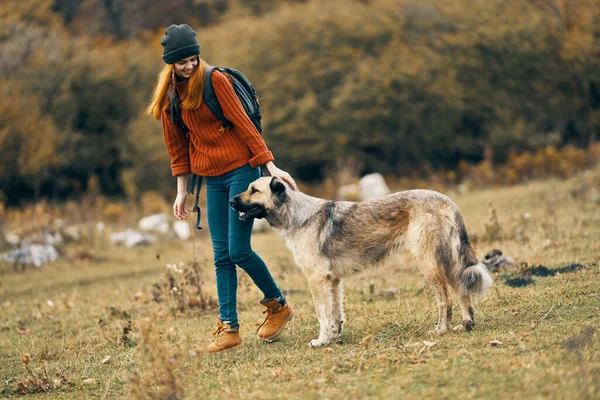 Vrouw wandelaar wandelen de hond buiten in het bos vrijheid reizen — Stockfoto