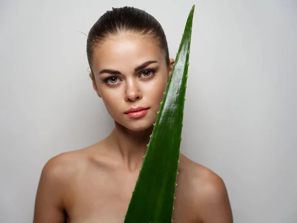 Mulher nua pele limpa cosmetologia maquiagem e folha de aloés verde — Fotografia de Stock