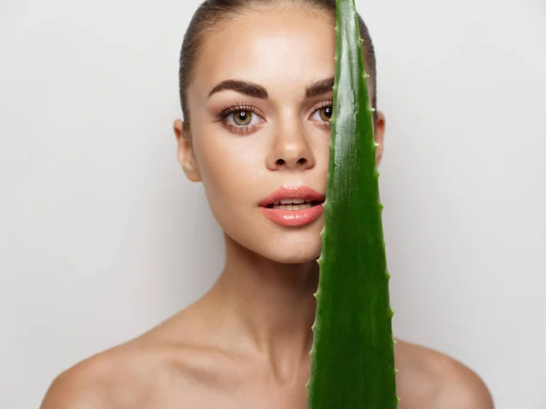 Retrato de uma mulher com pele limpa e folha de aloés na frente de seu rosto em um fundo claro — Fotografia de Stock