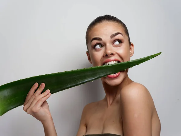 Hoja de aloe verde en una mujer dientes con los ojos cerrados hombros desnudos —  Fotos de Stock