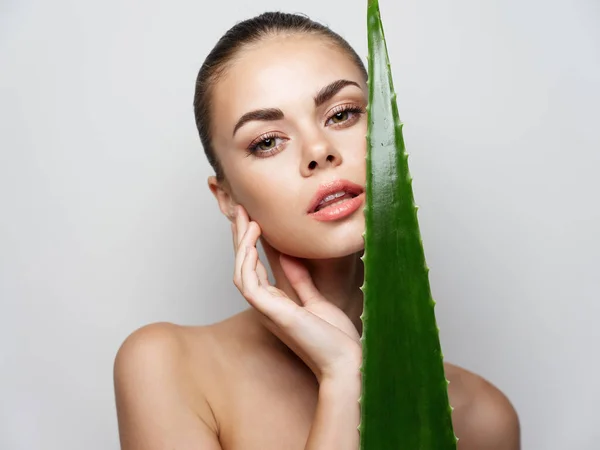 Mulher limpa pele cosmetologia aloe folha nua ombros — Fotografia de Stock