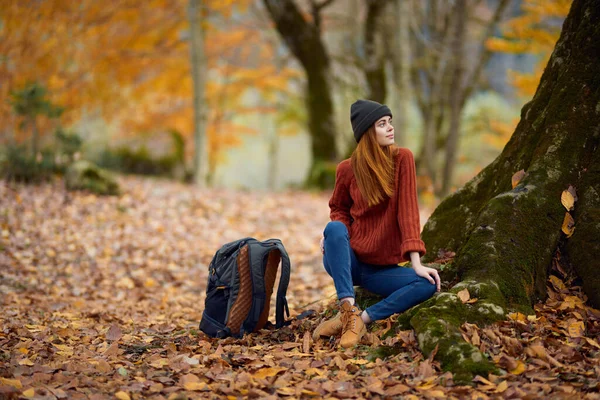 Kobieta w ciepłych ubraniach jesienią siedzi w pobliżu drzewa w lesie — Zdjęcie stockowe