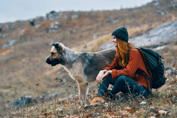 Mujer excursionista junto a perro en la naturaleza montañas de viaje —  Fotos de Stock
