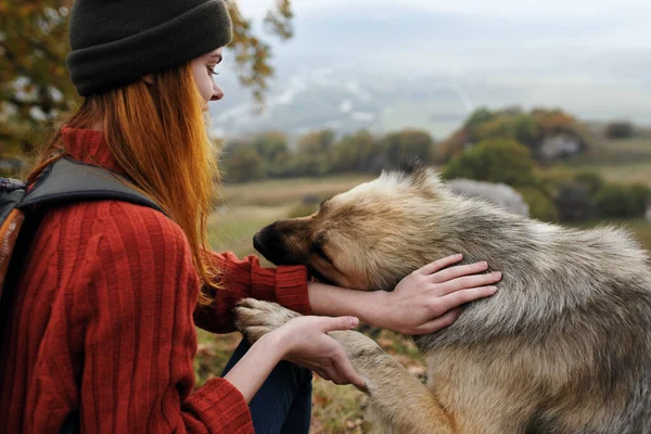 Femme gaie touriste jouer avec chien nature air frais — Photo