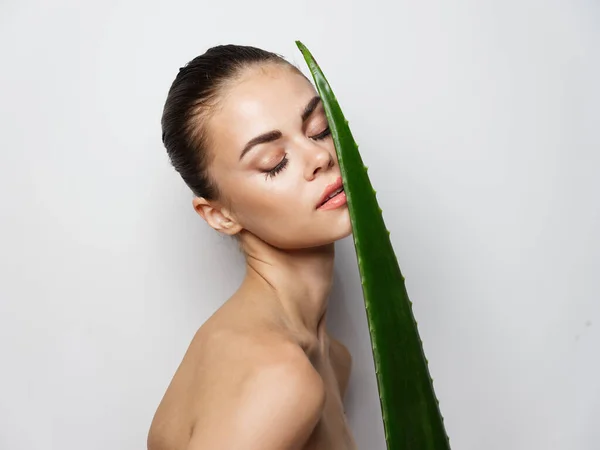 Mulher com folha de aloés verde no fundo claro vista cortada ombros nus — Fotografia de Stock