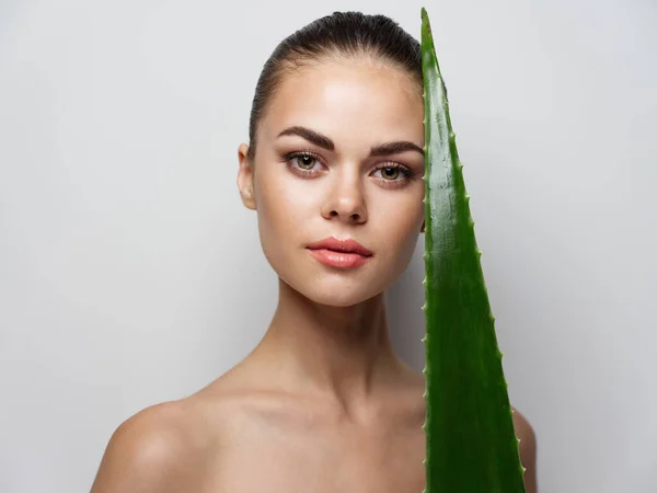 Bela jovem mulher perto verde aloe folha clara pele nua ombros etnia — Fotografia de Stock