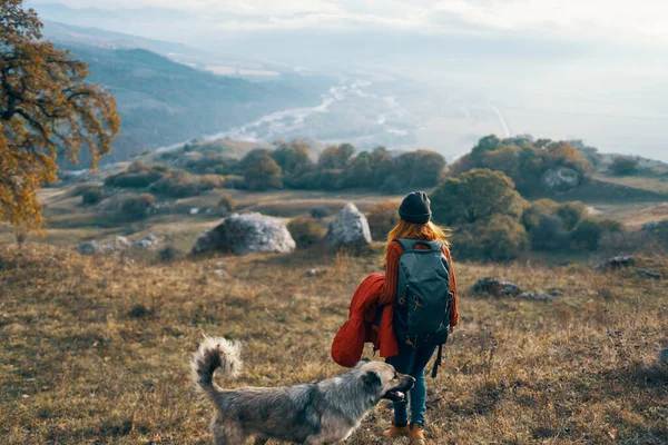 Mujer excursionista viajes montañas paisaje otoño árboles —  Fotos de Stock