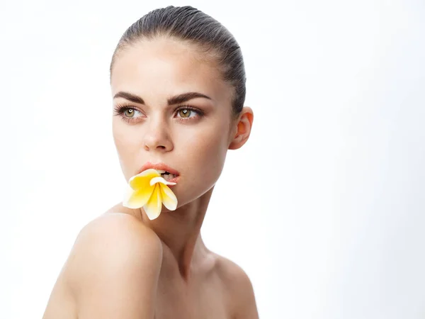 Sexy mujer con flor en los dientes sobre fondo claro recortado ver —  Fotos de Stock