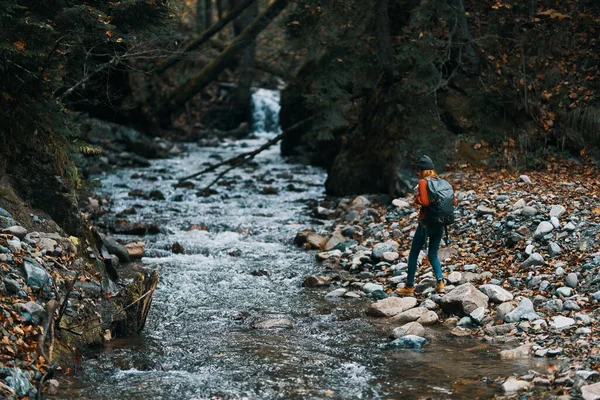 Жінка ходить з рюкзаком на березі річки і в лісі на відстані високих дерев — стокове фото