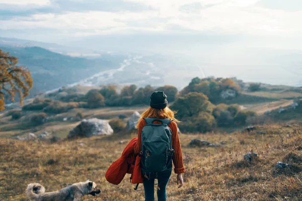 Woman hiker travel mountains landscape autumn trees — Stock Photo, Image