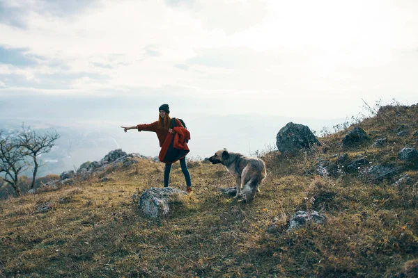 Mujer excursionista con perro en la naturaleza viajes montañas paisaje divertido —  Fotos de Stock