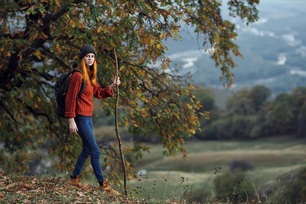 Femme randonneur pédestre dans les montagnes arbre Voyage paysage — Photo