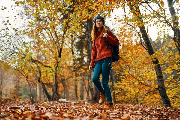 Jovem mulher em jeans e uma camisola com uma mochila nas costas caminha no parque no outono na natureza, vista de fundo — Fotografia de Stock