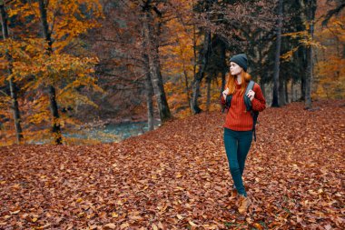 Seyahat turizmi ve sırtında sırt çantası olan genç bir kadın doğada parkta yürür.