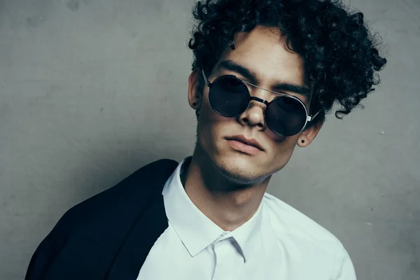 Portrait Curly Haired Guy Shirt Jacket His Shoulder — Stock Photo, Image