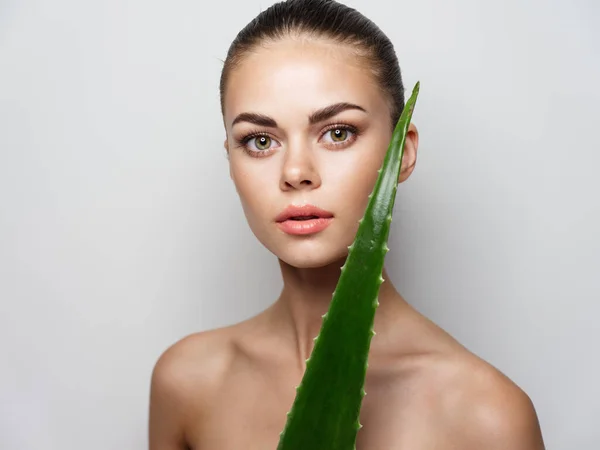 Jovem mulher limpa pele cosmetologia aloe folha nua ombros modelo Copiar Espaço — Fotografia de Stock