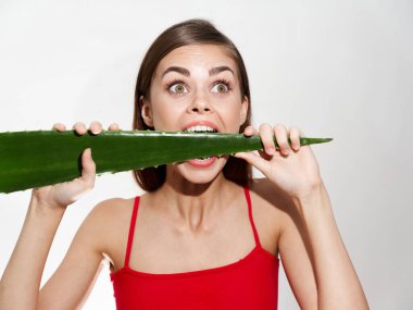 Elinde yeşil ya da açık arkaplanda yemek odası ve kırmızı tişörtlü model manzarası olan kadın.