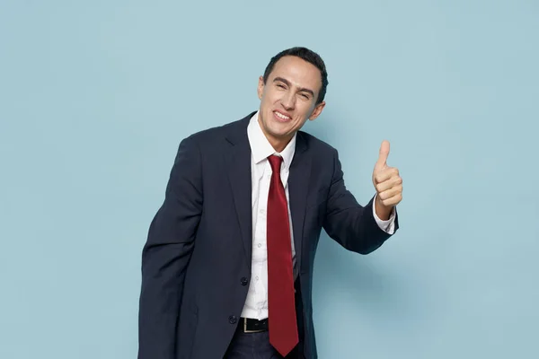 Business man in suit professional manager executive blue background — Stok fotoğraf