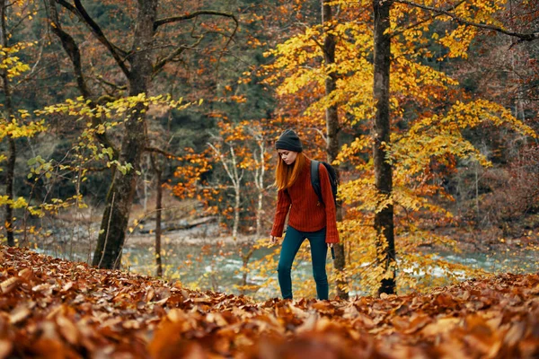 Žena ve svetru džíny a s kloboukem na hlavě krajina spadl listí model — Stock fotografie