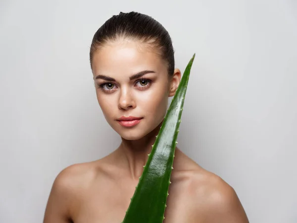 Green aloe leaf on shoulder nude women with fashionable hairstyle — Stock Photo, Image