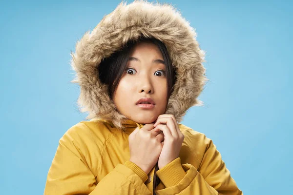 Frau in Winterkleidung Kapuzenpullover coole Winterkleidung Studio — Stockfoto