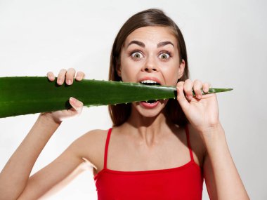 Kadın aloe yaprağı ısırıyor beyaz dişler kırmızı tişört çıplak omuz modeli