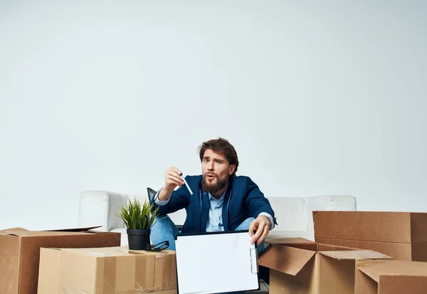 business man boxes with things office moving work