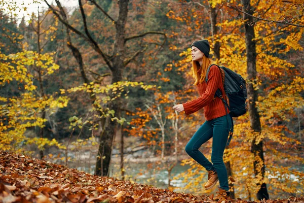 Vrouw in herfst bos in de buurt van rivier landschap geel bladeren toerisme — Stockfoto