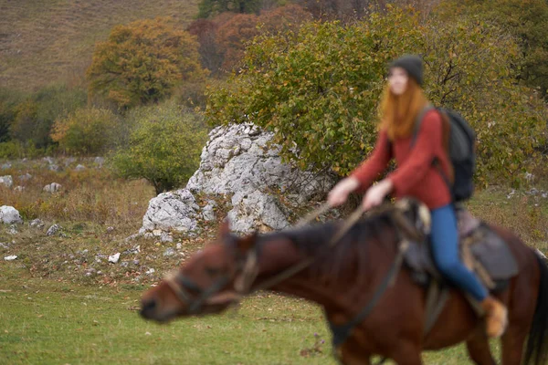 Woman hiker riding a horse on nature mountains adventure — Stock Photo, Image