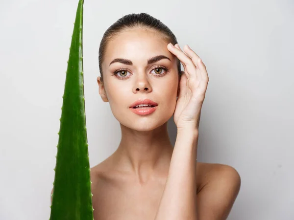 Mulher bonita corre a mão sobre o rosto e folha de aloés verde — Fotografia de Stock