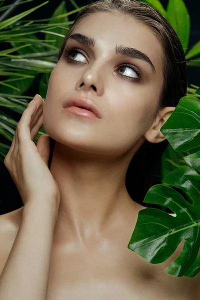 Bonita mujer desnuda hombros cosmética verde hojas exóticas — Foto de Stock