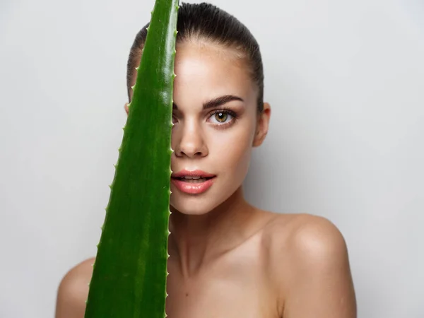 Rosto folhoso verde de uma mulher bonita e ombros nus modelo de pele clara — Fotografia de Stock