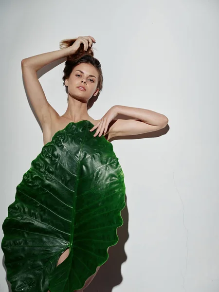 Kobieta chowa się za zielonym liściem palmy światło tło Kopiuj przestrzeń — Zdjęcie stockowe