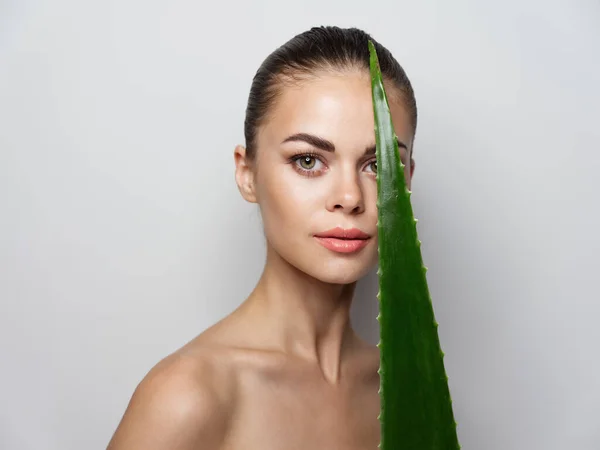 Retrato de mulher sexy com ombros nus verde aloe folha cosmetologia maquiagem — Fotografia de Stock